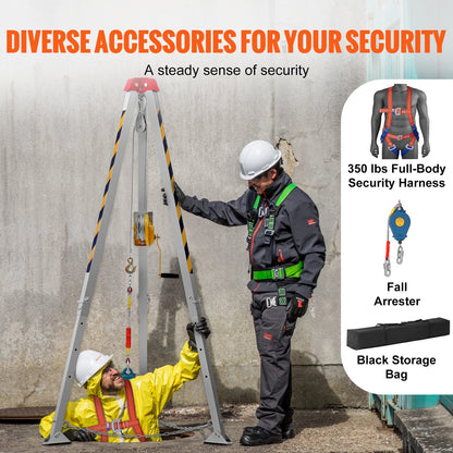 Confined Space Tripod Kit, Confined Space Tripod 7' Legs and 98' Cable, Confined Space Rescue Tripod 32.8' Fall Protection, 1200 lbs Winch, Harness, Storage Bag