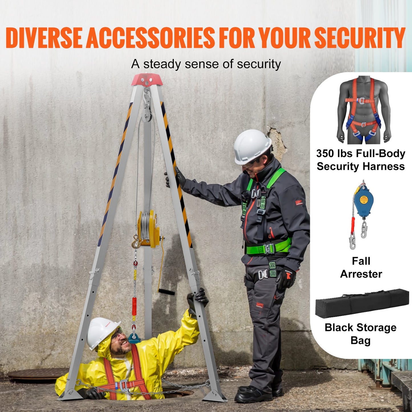 Confined Space Tripod Kit, Confined Space Tripod 7' Legs and 98' Cable, Confined Space Rescue Tripod 32.8' Fall Protection, 1800 lbs Winch, Harness, Storage Bag