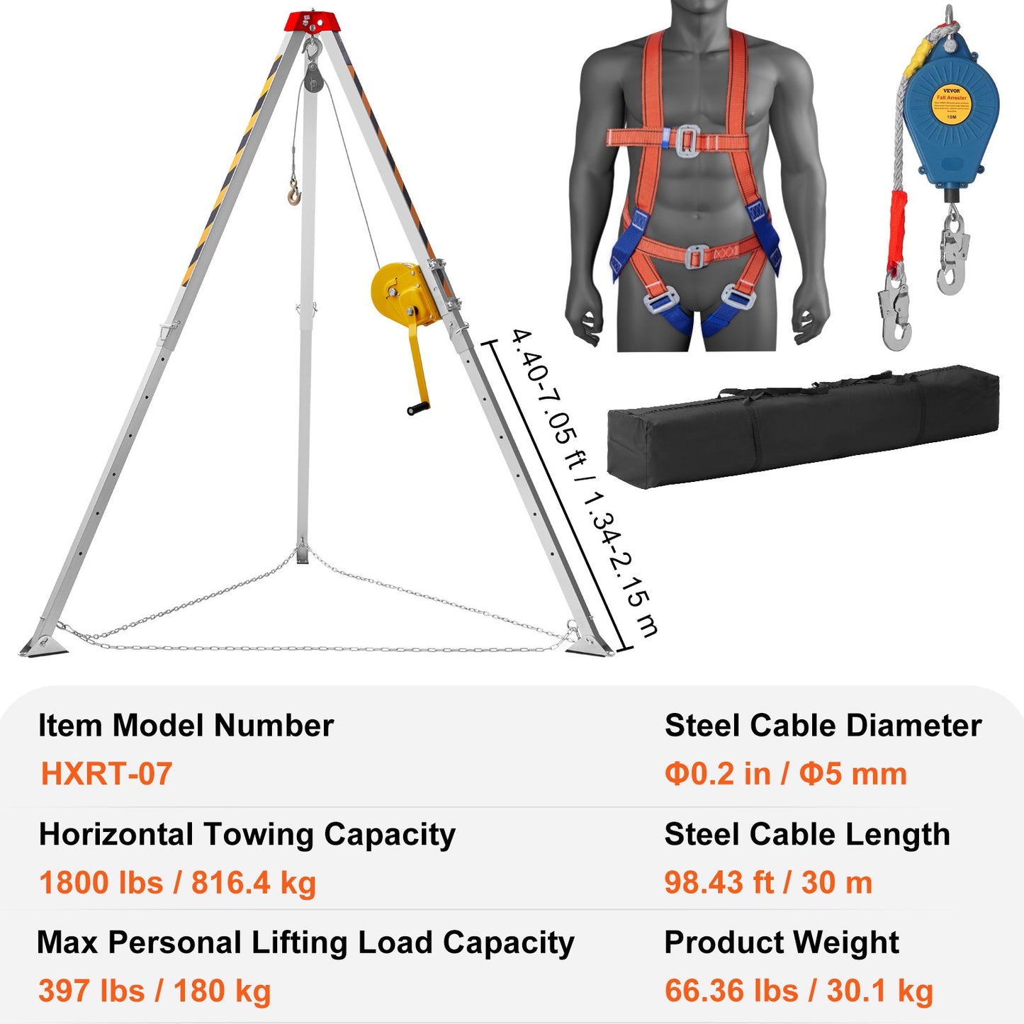 Confined Space Tripod Kit, Confined Space Tripod 7' Legs and 98' Cable, Confined Space Rescue Tripod 32.8' Fall Protection, 1800 lbs Winch, Harness, Storage Bag