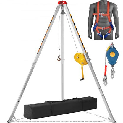 Confined Space Tripod Kit, Confined Space Tripod 8' Legs and 98' Cable, Confined Space Rescue Tripod 32.8' Fall Protection, 2600 lbs Winch, Harness, Storage Bag