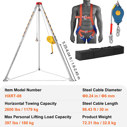 Confined Space Tripod Kit, Confined Space Tripod 8' Legs and 98' Cable, Confined Space Rescue Tripod 32.8' Fall Protection, 2600 lbs Winch, Harness, Storage Bag