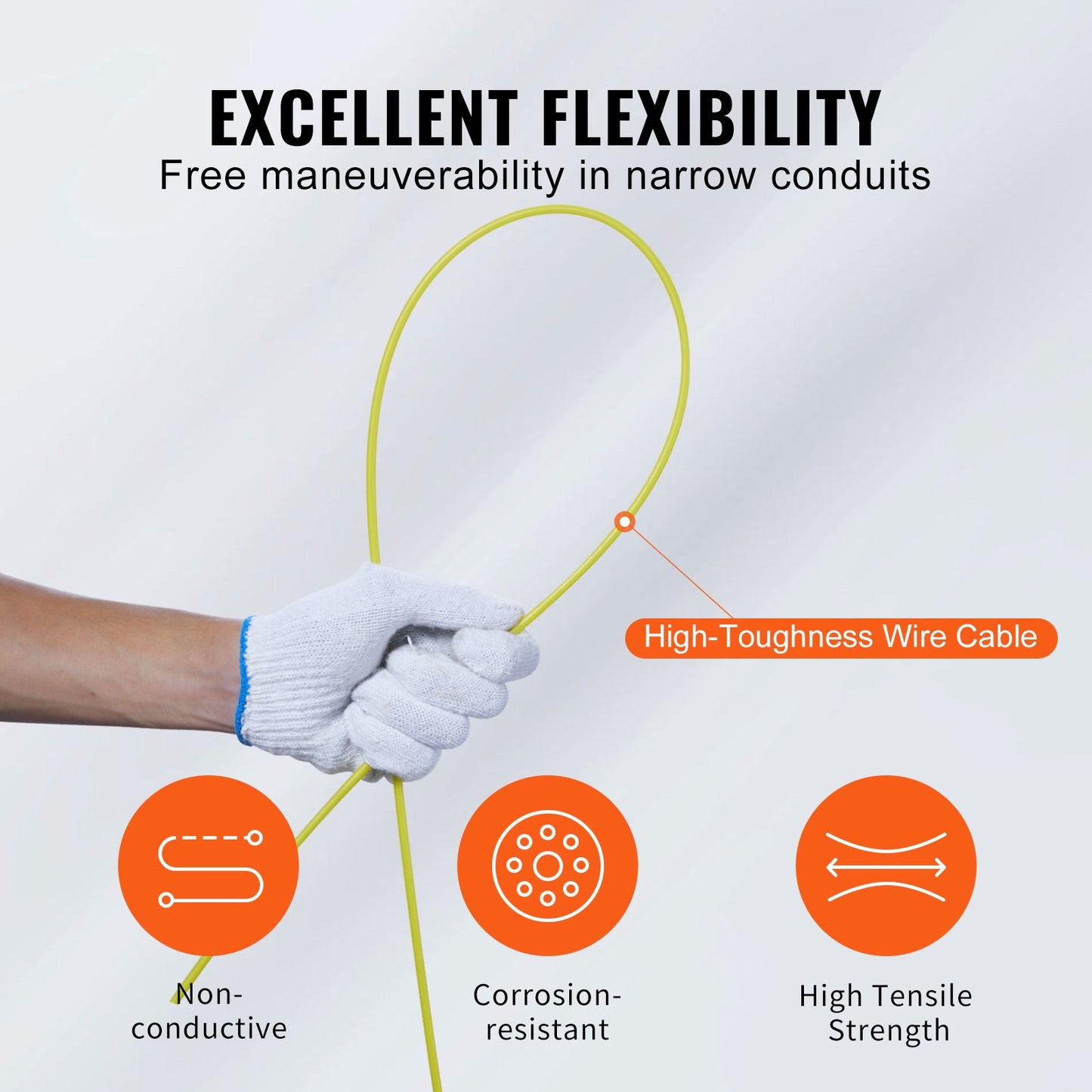 Fish Tape, 100 ft, 3/16-inch, Fiberglass Cable Guide with Enhanced Casing and Grip, User-Friendly Wire Routing Instrument, Bendable Wiring Aid for Walls and Electrical Ducts, Insulating