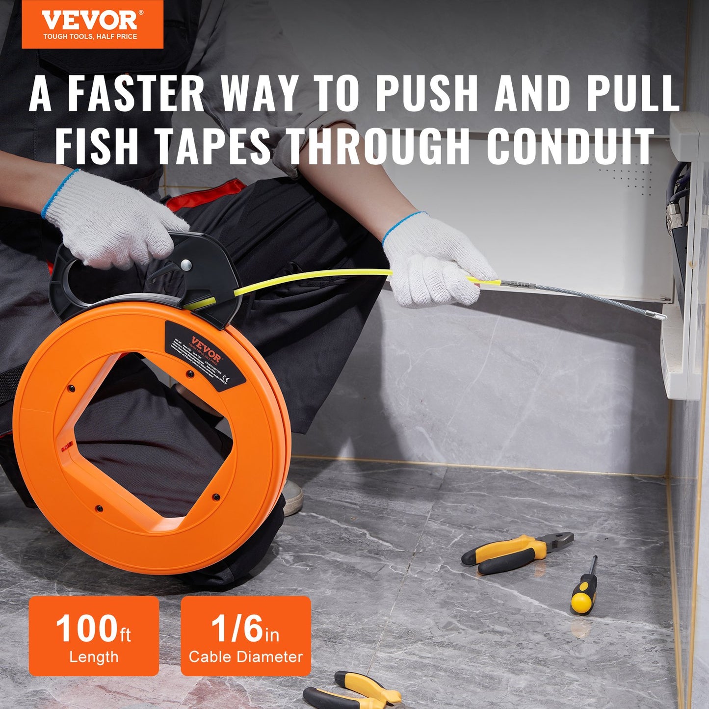 Fish Tape, 100 ft, 1/16-inch, Fiberglass Wire Puller with Optimized Housing and Handle, Easy-to-Use Cable Puller Tool, Flexible Wire Fishing Tools for Wall and Electrical Conduit, Non-Conductive