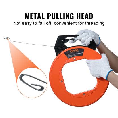 Fish Tape, 240 fot, 1/8-tum, ståltrådsavdragare med optimerat hus och handtag, lättanvänt kabelavdragare, flexibla trådfiskeverktyg för väggar och elektriska ledningar, icke-ledande