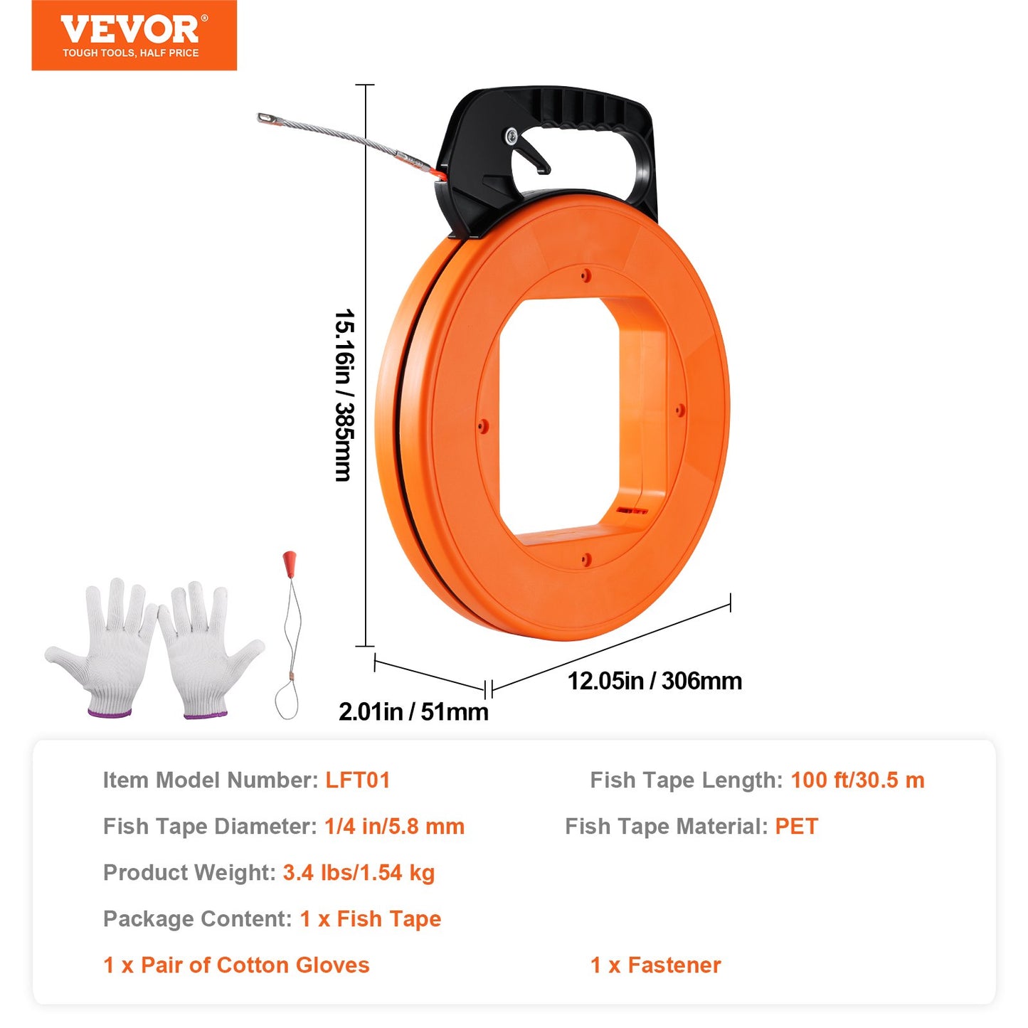 Fish Tape Wire Cable Line Puller 100 ft 1/4 in PET med högt plastfodral