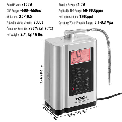 Alkaline Water Ionizer Machine, pH 3.5-10.5 Alkaline Acidic Hydrogen Water Purifier, 7 Water Settings Home Filtration System, Up to -550mV ORP, 8000L per filter, Auto-cleaning, White