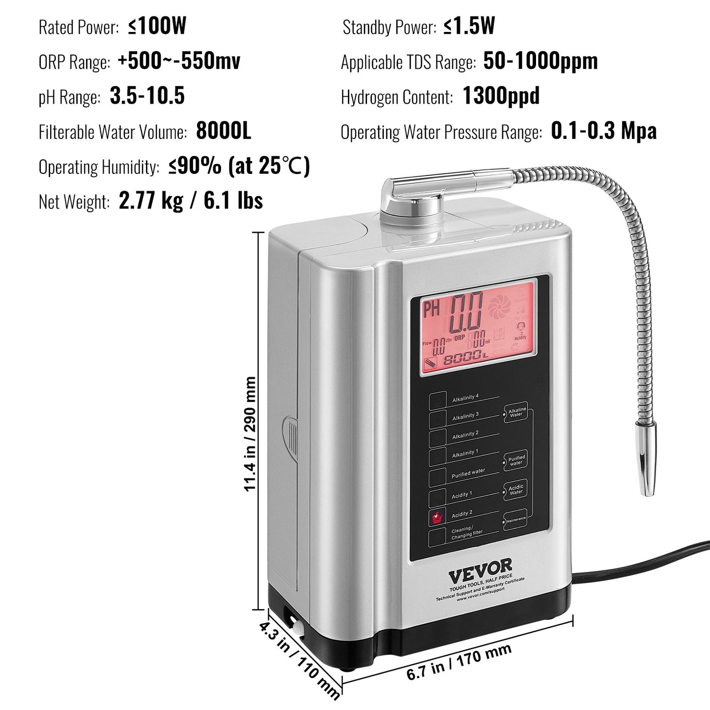 Alkaline Water Ionizer Machine, pH 3.5-10.5 Alkaline Acidic Hydrogen Water Purifier, 7 Water Settings Home Filtration System, Up to -650mV ORP, 8000L per filter, Auto-cleaning, White