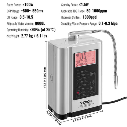 Alkaline Water Ionizer Machine, pH 3.5-10.5 Alkaline Acidic Hydrogen Water Purifier, 7 Water Settings Home Filtration System, Up to -650mV ORP, 8000L per filter, Auto-cleaning, White