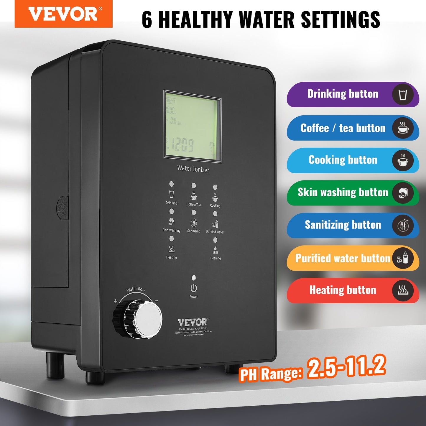 Alkaline Water Ionizer Machine, pH 3-11.2 Alkaline Acidic Hydrogen Water Purifier, 6 Water Settings Home Filtration System, Up to -800mV ORP, 9000L per filter, UV function, water heating
