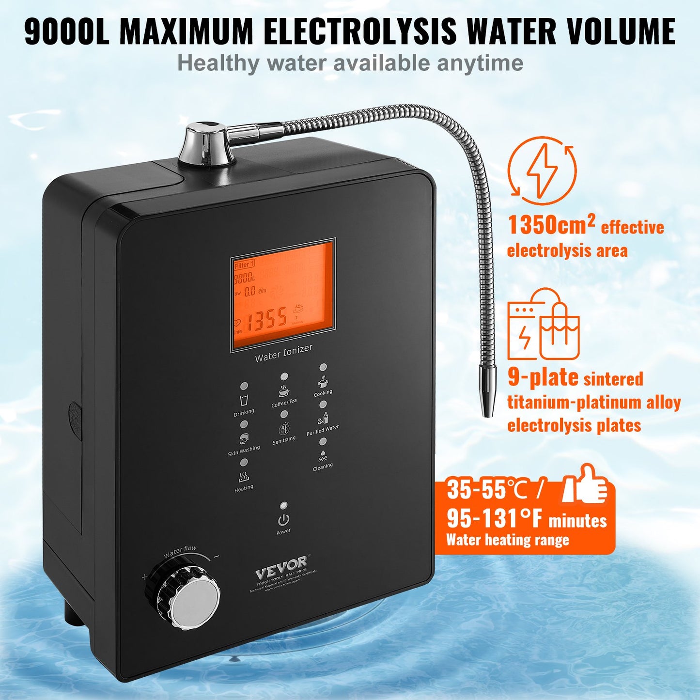 Alkaline Water Ionizer Machine, pH 3-11.2 Alkaline Acidic Hydrogen Water Purifier, 6 Water Settings Home Filtration System, Up to -800mV ORP, 9000L per filter, UV function, water heating