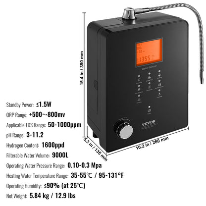 Alkaline Water Ionizer Machine, pH 3-11.2 Alkaline Acidic Hydrogen Water Purifier, 6 Water Settings Home Filtration System, Up to -800mV ORP, 9000L per filter, UV function, water heating