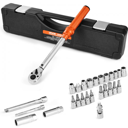 Click Torque Wrench Set, 3/8 Inch Drive, 5-60 N.m / 3.7-44.3 lbf.ft, Dual-direction, 72-Tooth, ±3% High Precision, with Sockets, Bits, Extension Bar, Spark Plug Sockets, Adapter, Orange
