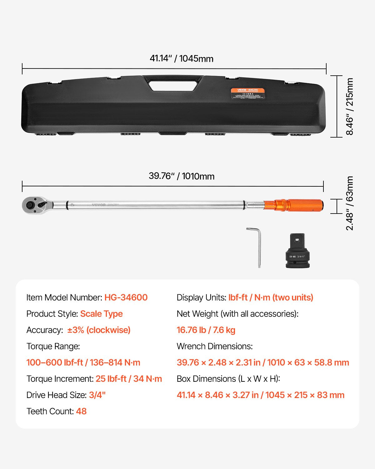 Click Torque Wrench, 3/4 Inch Drive, 100-600 lbf-ft / 136-814N.m, Dual-direction Torque Wrench Set with Dual Range Scales, 48-tooth, ±3% High Precision, Alloy Steel, for Automobile Repair