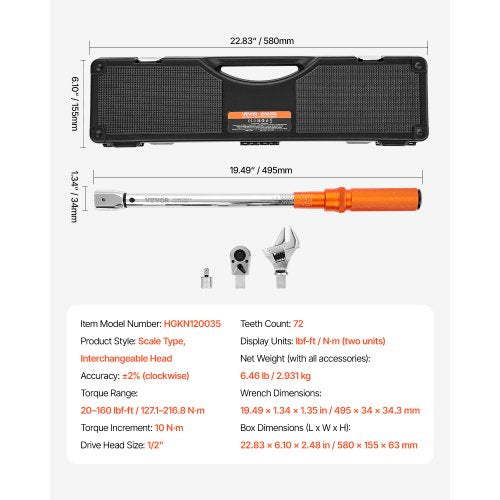 Adjustable Click Torque Wrench 1/2-inch Drive 20–160 lbf-ft/27.1–216.8 Nm | EU