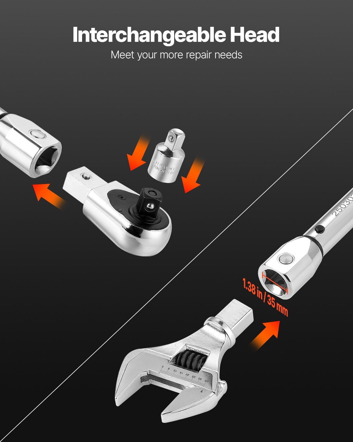 Adjustable Click Torque Wrench, 1/2 Inch Drive, 20-160 lbf-ft/27.1-216.8 N.m, Dual-direction and Dual Range Scales, 72-Tooth, ±2% Precision, with Adapter Interchangeable Jaw and Ratchet Head