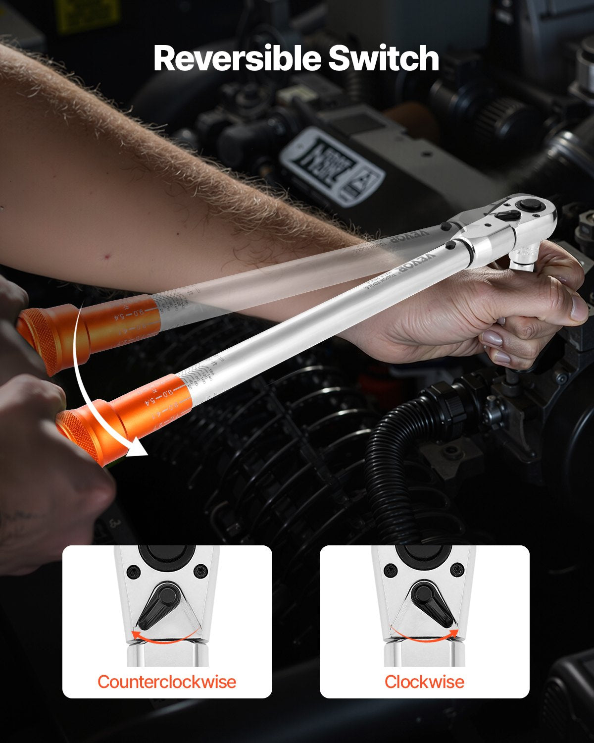 Adjustable Click Torque Wrench, 1/2 Inch Drive, 20-160 lbf-ft/27.1-216.8 N.m, Dual-direction and Dual Range Scales, 72-Tooth, ±2% Precision, with Adapter Interchangeable Jaw and Ratchet Head