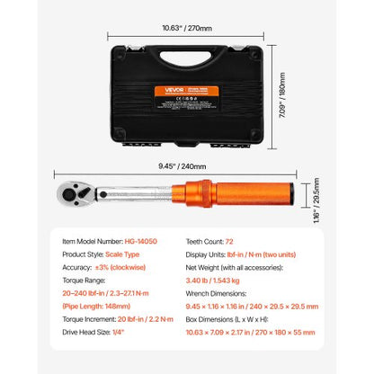Click Torque Wrench Set 1/4-inch Drive 20-240 lbf-in/2.3-27.1 Nm Orange | EU