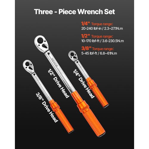 Click torque wrench set 3 pieces 1/4 3/8 1/2 inch drive bidirectional | EU