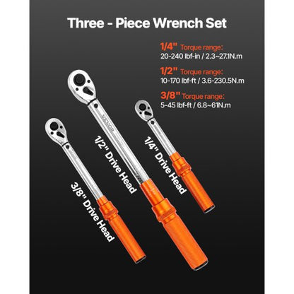 Click torque wrench set 3 pieces 1/4 3/8 1/2 inch drive bidirectional | EU