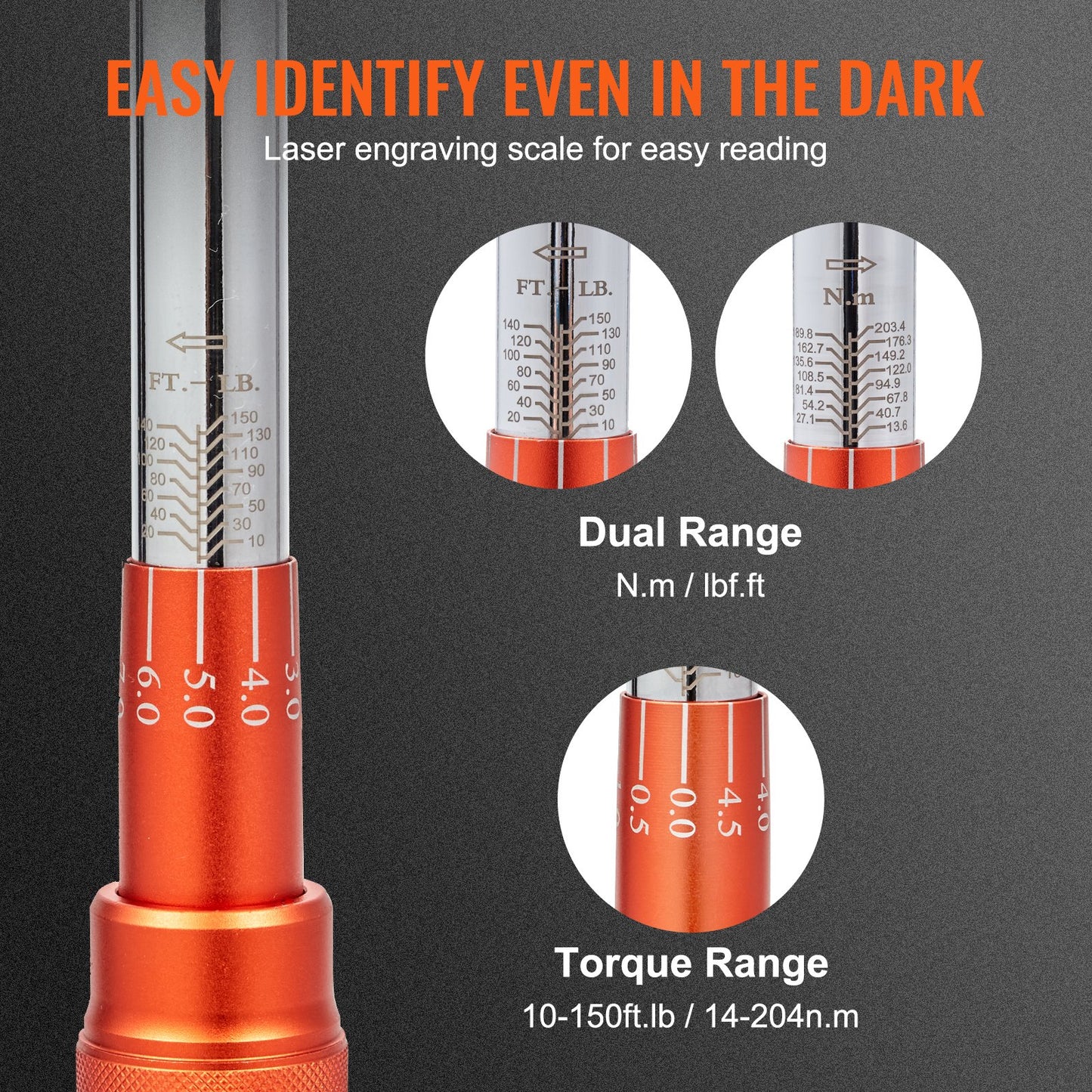 Drehmomentschlüssel, 1/2-Zoll-Antrieb, Klick-Drehmomentschlüssel 10–150 ft.lb/14–204 Nm, bidirektional einstellbarer Drehmomentschlüsselsatz, mechanischer Drehmomentschlüsselsatz mit Doppelskala und Adapter-Verlängerungsstange