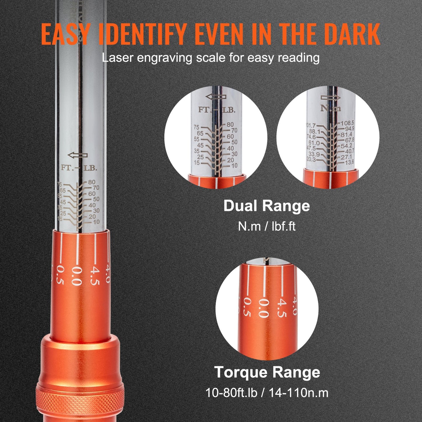 Drehmomentschlüssel, 3/8-Zoll-Antrieb, Klick-Drehmomentschlüssel, 10–80 ft.lb/14–110 Nm, bidirektional einstellbarer Drehmomentschlüsselsatz, mechanischer Drehmomentschlüsselsatz mit Doppelskala und Adapter-Verlängerungsstange