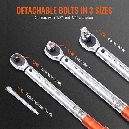 Torque Wrench, 3/8-inch Drive Click Torque Wrench 10-80ft.lb/14-110n.m, Dual-Direction Adjustable Torque Wrench Set, Mechanical Dual Range Scales Torque Wrench Kit with Adapters Extension Rod