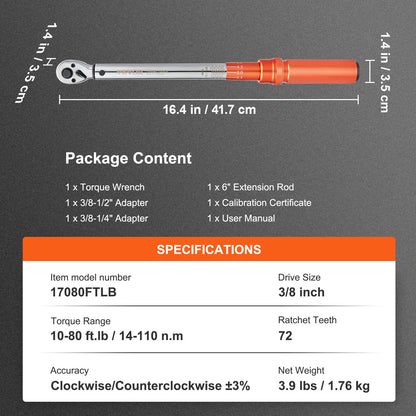 Torque Wrench, 3/8-inch Drive Click Torque Wrench 10-80ft.lb/14-110n.m, Dual-Direction Adjustable Torque Wrench Set, Mechanical Dual Range Scales Torque Wrench Kit with Adapters Extension Rod
