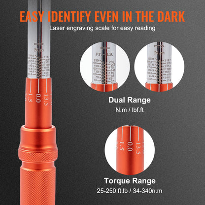 Drehmomentschlüssel, 1/2-Zoll-Antrieb, Klick-Drehmomentschlüssel 20–250 ft.lb/34–340 Nm, bidirektional einstellbarer Drehmomentschlüsselsatz, mechanischer Drehmomentschlüsselsatz mit Doppelskala und Adapter-Verlängerungsstange