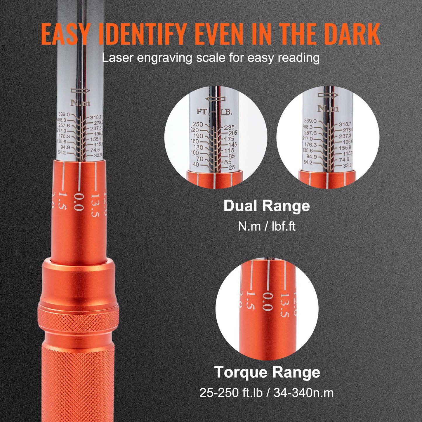 Torque Wrench, 1/2-inch Drive Click Torque Wrench 20-250ft.lb/34-340n.m, Dual-Direction Adjustable Torque Wrench Set, Mechanical Dual Range Scales Torque Wrench Kit with Adapters Extension Rod