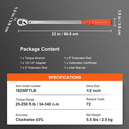 Torque Wrench, 1/2-inch Drive Click Torque Wrench 20-250ft.lb/34-340n.m, Dual-Direction Adjustable Torque Wrench Set, Mechanical Dual Range Scales Torque Wrench Kit with Adapters Extension Rod
