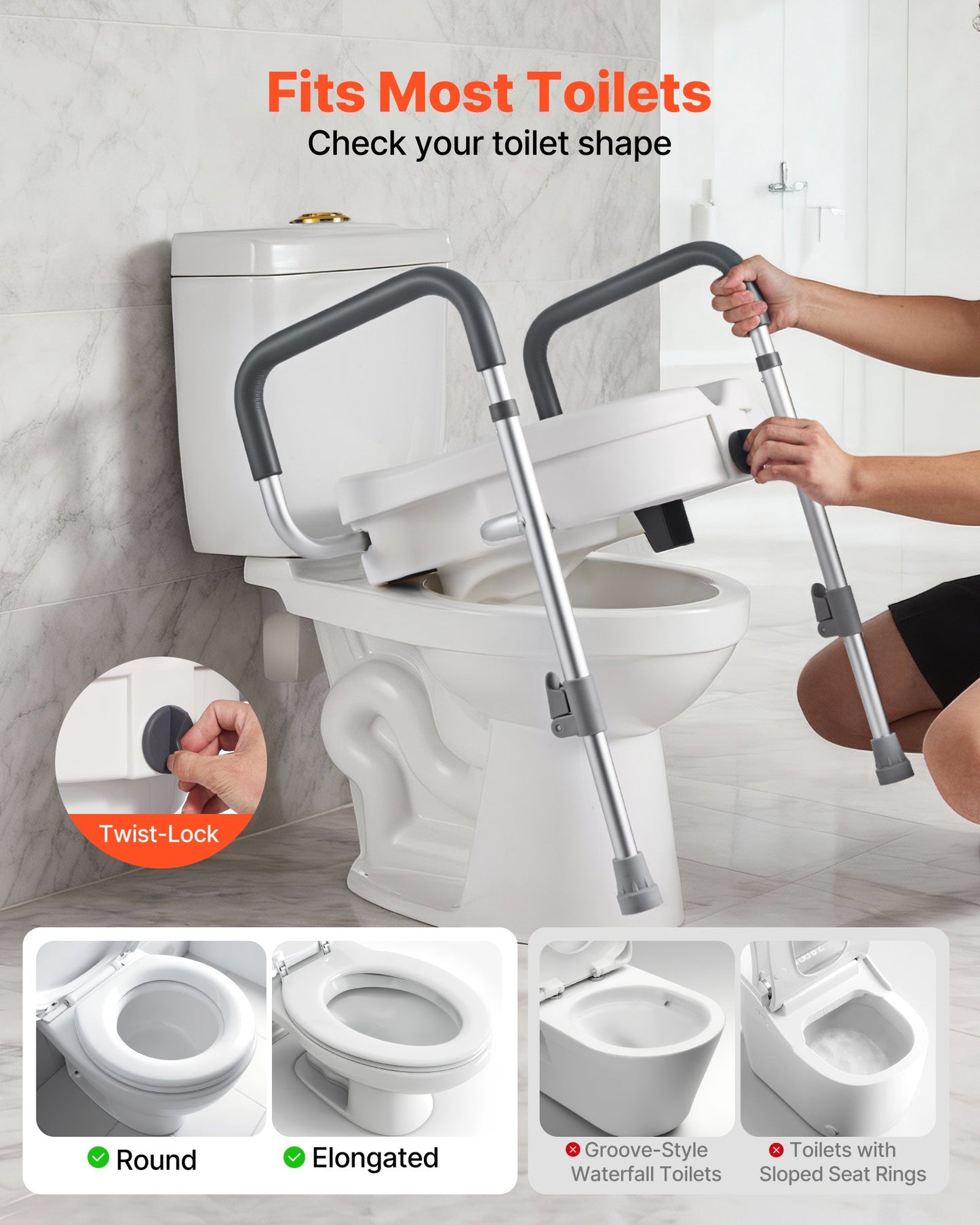 Raised Toilet Seat with Arms, 350 lbs Capacity, 5-Inch Lift Height & Adjustable Width, Widened Commode Elevated Toilet Seat Riser with Handles for Seniors, Elderly, Handicap, Disabled, Adults