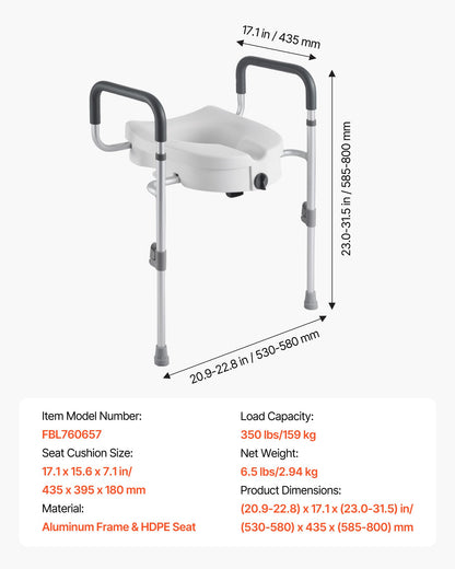 Raised Toilet Seat with Arms, 350 lbs Capacity, 5-Inch Lift Height & Adjustable Width, Widened Commode Elevated Toilet Seat Riser with Handles for Seniors, Elderly, Handicap, Disabled, Adults