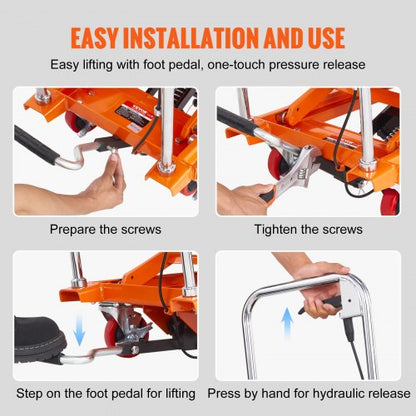 Hydraulischer Hubtischwagen, 500 Pfund Tragkraft, 28,5 Zoll Hubhöhe, manueller Hubtisch mit 4 Rädern und rutschfester Unterlage, hydraulischer Scherenwagen für die Materialhandhabung, Orange | EU