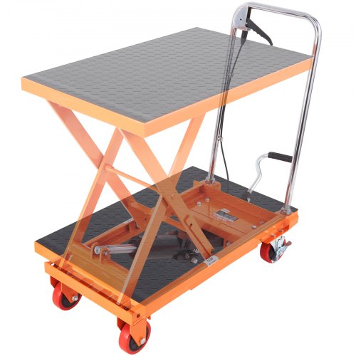 Hydraulic Lift Table Cart, 500lbs Capacity 28.5" Lifting Height, Manual Single Scissor Lift Table with 4 Wheels and Non-slip Pad, Hydraulic Scissor Cart for Material Handling, Orange