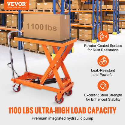 Hydraulic Lift Table Cart, 1100lbs Capacity 35.4" Lifting Height, Manual Single Scissor Lift Table with 4 Wheels and Non-slip Pad, Hydraulic Scissor Cart for Material Handling and Transportation