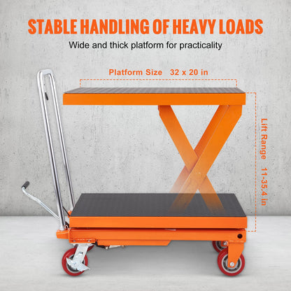 Hydraulic Lift Table Cart, 1100lbs Capacity 35.4" Lifting Height, Manual Single Scissor Lift Table with 4 Wheels and Non-slip Pad, Hydraulic Scissor Cart for Material Handling and Transportation