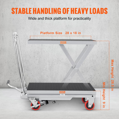Hydraulic Lift Table Cart, 500lbs Capacity 28.5" Lifting Height, Manual Single Scissor Lift Table with 4 Wheels and Non-slip Pad, Hydraulic Scissor Cart for Material Handling, Gray