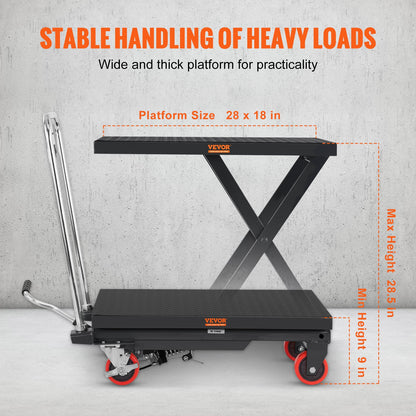 Hydraulic Lift Table Cart, 500lbs Capacity 28.5" Lifting Height, Manual Single Scissor Lift Table with 4 Wheels and Non-slip Pad, Hydraulic Scissor Cart for Material Handling, Black