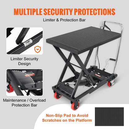 Hydraulic Lift Table Cart, 500lbs Capacity 28.5" Lifting Height, Manual Single Scissor Lift Table with 4 Wheels and Non-slip Pad, Hydraulic Scissor Cart for Material Handling, Black