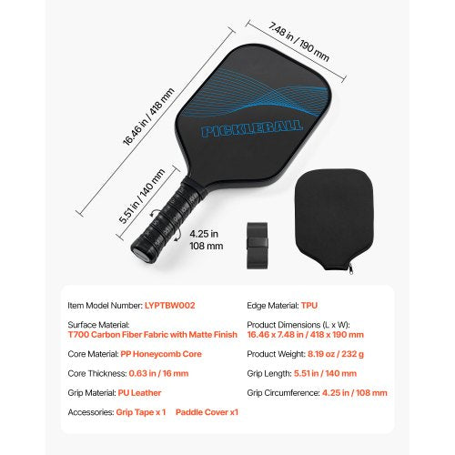 Pro Kolfiber Pickleball Paddle Honeycomb Core Racket för Vuxna Blå