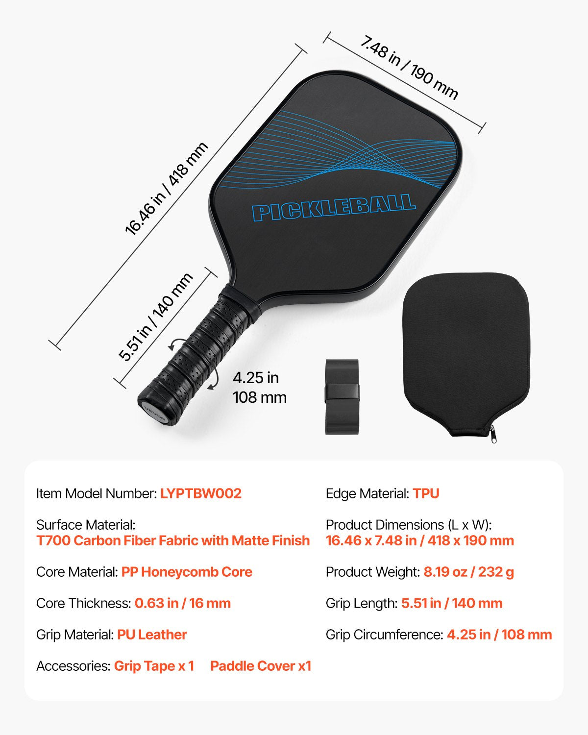 Pickleball Paddle, T700 Carbon Fiber Surface & Honeycomb Core, Professional Pickleball Paddle with Increased Power & Control & Spin, Pro Pickle Ball Racket for Adults, Men & Women, Blue
