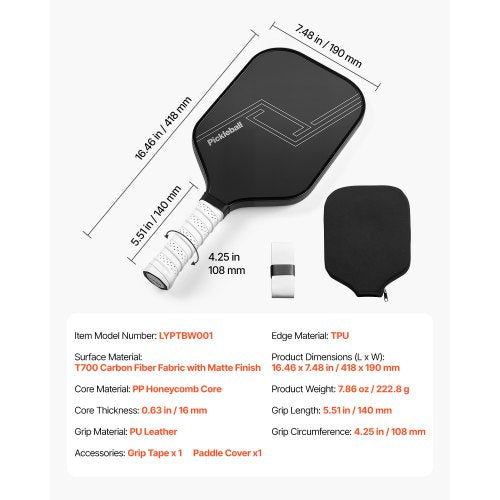 Pro Kolfiber Pickleball Paddle Honeycomb Core Racket för Vuxna Svart