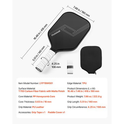 Pro Kolfiber Pickleball Paddle Honeycomb Core Racket för Vuxna Svart