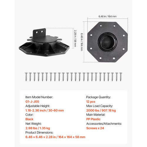 12 pcs adjustable deck supports pedestal deck foundation base 3.1-6.2 cm