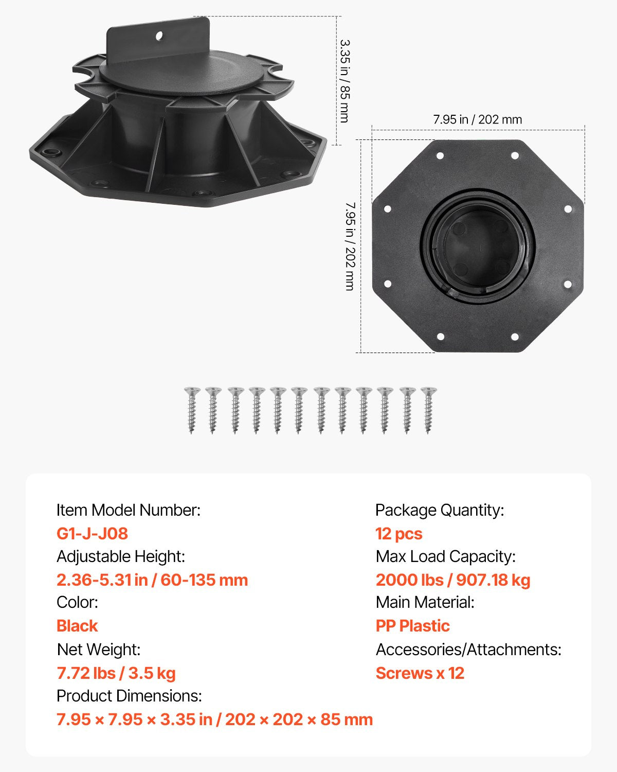 Deck Blocks 12 PCS, 2000lbs / 907.18kg Load Capacity Deck Support Plastic Pedestal Paver, Raising 2.36 - 5.31 inch / 60 - 135 mm, Height Adjustable Shed Foundation Base for Wood Concrete Metal