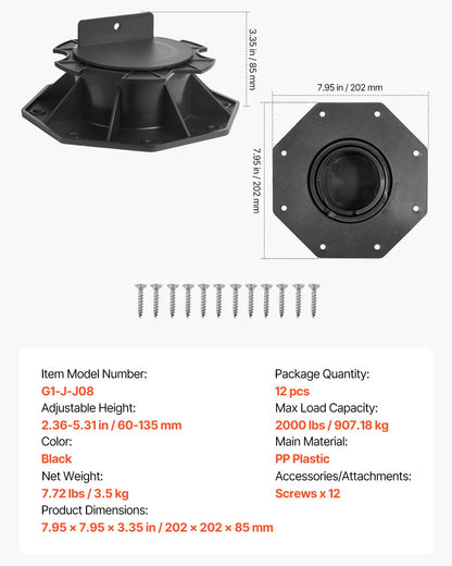 Deck Blocks 12 PCS, 2000lbs / 907.18kg Load Capacity Deck Support Plastic Pedestal Paver, Raising 2.36 - 5.31 inch / 60 - 135 mm, Height Adjustable Shed Foundation Base for Wood Concrete Metal