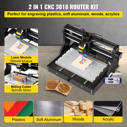CNC 3018 Pro 500mw 300×180×45mm CNC Machine GRBL Control Mini Laser Engraver with Offline Controller 3 Axis Laser Engraving Machine for Carving Milling Plastic Acrylic PVC Wood