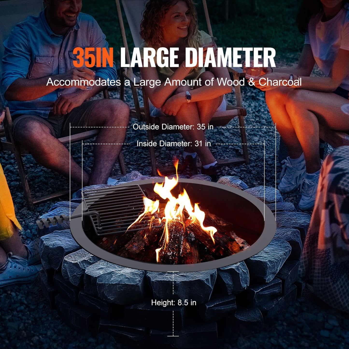 Fire Pit Ring with BBQ Fire Ring 35 Inch Exterior Steel DIY Campfire Firepit