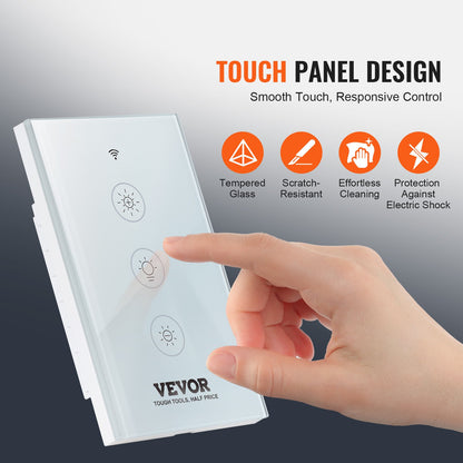 WiFi Smart Light Dimmer Switch, 100-250V AC Wi-Fi 2.4GHz, 15% to 85% Stepless Dimming LED Dimmable Smart Switch with Touch Panel, App Remote Control Voice Compatible with Alexa Google Home