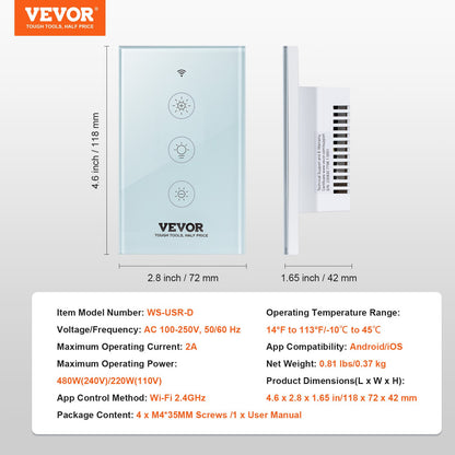 2PCS WiFi Smart Light Dimmer Switch, 100-250V AC Wi-Fi 2.4GHz, 15% to 85% Stepless Dimming LED Dimmable Smart Switch with Touch Panel, App Remote Control Voice Compatible with Alexa Google Home